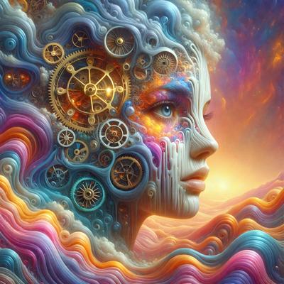 The primary subject of the image is a woman's face, which is the main focus of the image. The setting is a colorful and artistic background, featuring a mix of blue, pink, and yellow colors. The visual style is a digital art or illustration, showcasing the intricate details and vibrant colors. The overall atmosphere is lively and creative, with the woman's face as the centerpiece of the artwork.